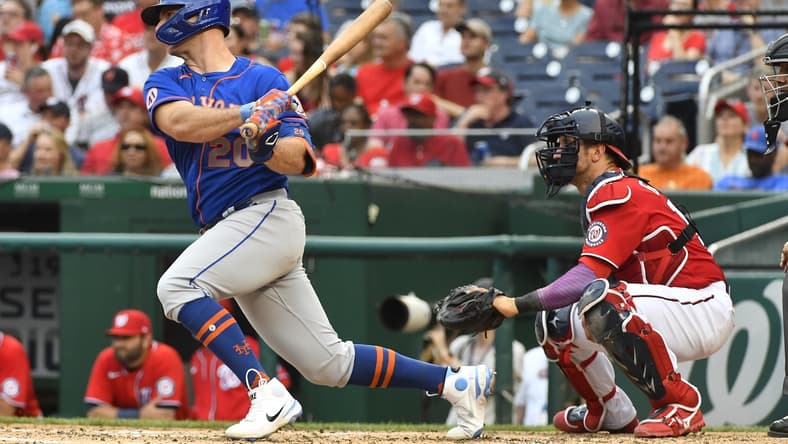 Jun 19, 2021; Washington, District of Columbia, USA; New York Mets first baseman Pete Alonso (20) hits a single against the Washington Nationals during the fourth inning at Nationals Park. Mandatory Credit: Brad Mills-USA TODAY Sports