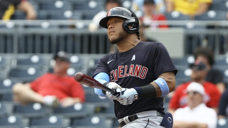 Jun 20, 2021; Pittsburgh, Pennsylvania, USA; Cleveland Indians center fielder Harold Ramirez (40) hits a solo home run against the Pittsburgh Pirates during the fifth inning at PNC Park. Mandatory Credit: Charles LeClaire-USA TODAY Sports
