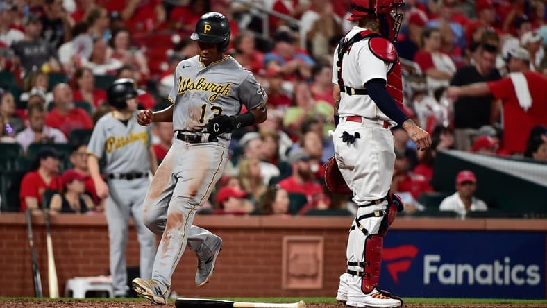 Jun 25, 2021; St. Louis, Missouri, USA; Pittsburgh Pirates third baseman Ke'Bryan Hayes (13) scores on a single by catcher Jacob Stallings (not pictured) during the fifth inning against the St. Louis Cardinals at Busch Stadium. Mandatory Credit: Jeff Curry-USA TODAY Sports