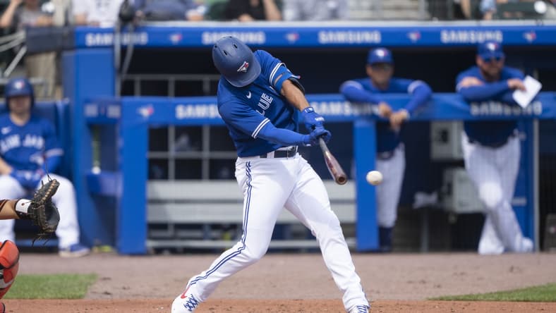 Jun 26, 2021; Buffalo, New York, CAN; Toronto Blue Jays second baseman Marcus Semien (10) hits a double during the third inning against the Baltimore Orioles at Sahlen Field. Mandatory Credit: Gregory Fisher-USA TODAY Sports