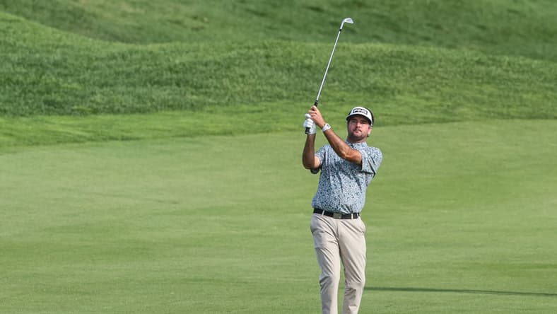 Jun 26, 2021; Cromwell, Connecticut, USA; Bubba Watson plays his shot from the 18th fairway during the third round of the Travelers Championship golf tournament. Mandatory Credit: Vincent Carchietta-USA TODAY Sports