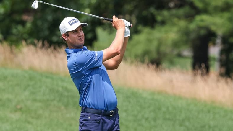 Jun 27, 2021; Cromwell, Connecticut, USA; Harris English plays his shot on the third hole during the final round of the Travelers Championship golf tournament. Mandatory Credit: Vincent Carchietta-USA TODAY Sports
