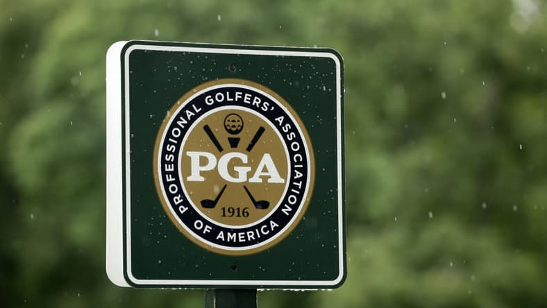 Aug 8, 2017; Charlotte, NC, USA; A view of the PGA of America sign on the 15th green during a practice round for the 2017 PGA Championship at Quail Hollow Club. Mandatory Credit: Rob Schumacher-USA TODAY Sports
