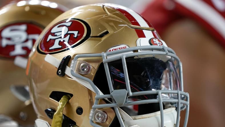 Nov 1, 2018; Santa Clara, CA, USA; General view of the San Francisco 49ers helmet in the game against the Oakland Raiders during the third quarter at Levi's Stadium. Mandatory Credit: Stan Szeto-USA TODAY Sports