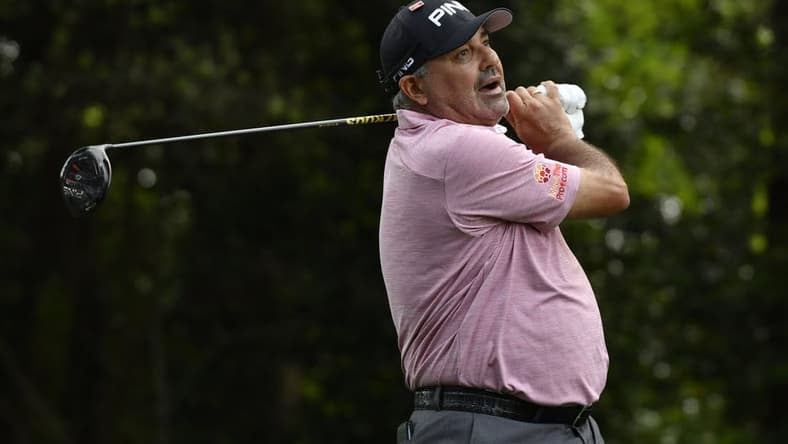 Apr 11, 2019; Augusta, GA, USA; Angel Cabrera hits his tee shot on the 2nd hole during the first round of The Masters golf tournament at Augusta National Golf Club. Mandatory Credit: Michael Madrid-USA TODAY Sports