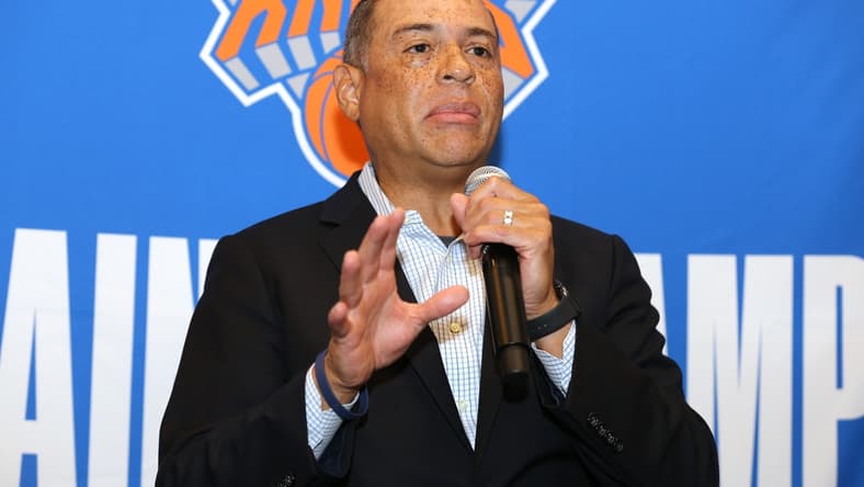 Sep 30, 2019; New York, NY, USA; New York Knicks general manager Scott Perry speaks to the media during media day at the MSG training center in Greenburgh, NY. Mandatory Credit: Brad Penner-USA TODAY Sports