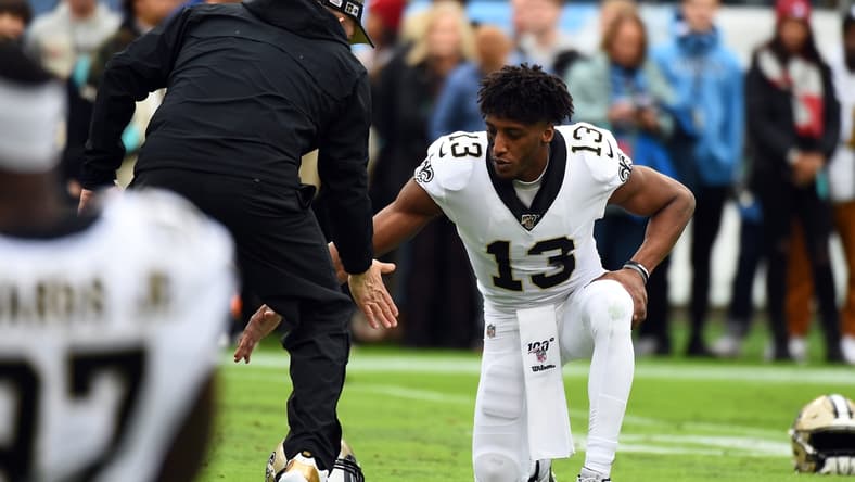 Dec 22, 2019; Nashville, Tennessee, USA; New Orleans Saints wide receiver Michael Thomas (13) and New Orleans Saints head coach Sean Payton slap hands before the game against the Tennessee Titans at Nissan Stadium. Mandatory Credit: Christopher Hanewinckel-USA TODAY Sports