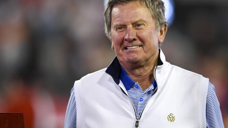 Jan 2, 2020; Jacksonville, Florida, USA; Florida Gators former head coach Steve Spurrier is honored prior to the game between the Tennessee Volunteers and the Indiana Hoosiers at TIAA Bank Field. Mandatory Credit: Douglas DeFelice-USA TODAY Sports