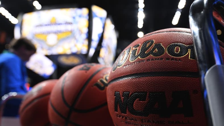 Mar 12, 2020; Nashville, Tennessee, USA; View of a rack of basketballs on the court after the announcement the SEC Conference Tournament was cancelled at Bridgestone Arena. Mandatory Credit: Christopher Hanewinckel-USA TODAY Sports