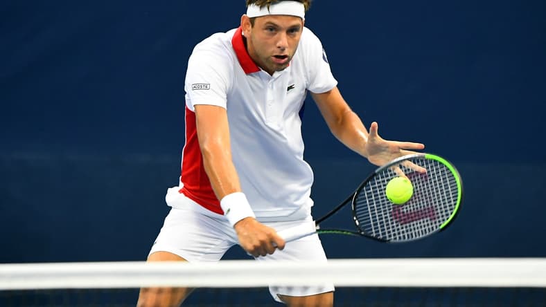 Aug 31, 2020; Flushing Meadows, New York, USA; Filip Krajinovic (SRB) hits the ball against Mikael Ymer (SWE) on day one of the 2020 U.S. Open tennis tournament at USTA Billie Jean King National Tennis Center. Mandatory Credit: Robert Deutsch-USA TODAY Sports