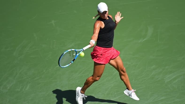 Sep 8, 2020; Flushing Meadows, New York,USA; Yulia Putintseva of Kazakhstan hits forehand against Jennifer Brady of the United States (not pictured) in a women's singles quarter-finals match on day nine of the 2020 U.S. Open tennis tournament at USTA Billie Jean King National Tennis Center. Mandatory Credit: Danielle Parhizkaran-USA TODAY Sports