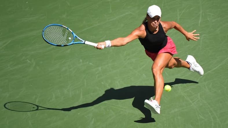 Sep 8, 2020; Flushing Meadows, New York,USA; Yulia Putintseva of Kazakhstan reaches for a forehand against Jennifer Brady of the United States (not pictured) in a women's singles quarter-finals match on day nine of the 2020 U.S. Open tennis tournament at USTA Billie Jean King National Tennis Center. Mandatory Credit: Danielle Parhizkaran-USA TODAY Sports