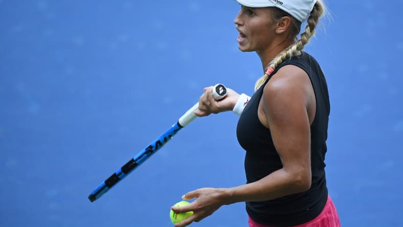 Sep 8, 2020; Flushing Meadows, New York,USA; Yulia Putintseva of Kazakhstan reacts after losing a point against Jennifer Brady of the United States (not pictured) in a women's singles quarter-finals match on day nine of the 2020 U.S. Open tennis tournament at USTA Billie Jean King National Tennis Center. Mandatory Credit: Danielle Parhizkaran-USA TODAY Sports