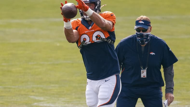 Aug 21, 2020; Englewood, Colorado, USA; Denver Broncos tight end Jake Butt (80) during training camp at the UCHealth Training Center. Mandatory Credit: Isaiah J. Downing-USA TODAY Sports