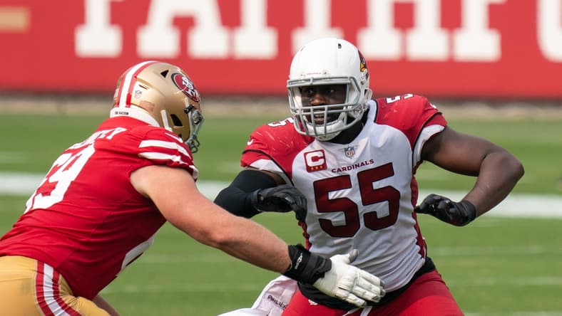 September 13, 2020; Santa Clara, California, USA; Arizona Cardinals linebacker Chandler Jones (55) against San Francisco 49ers offensive tackle Mike McGlinchey (69) during the third quarter at Levi's Stadium. Mandatory Credit: Kyle Terada-USA TODAY Sports