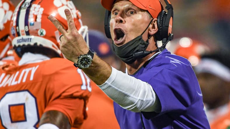Clemson defensive coordinator Brent Venables communicates with players in the Virginia game during the fourth quarter of the game Saturday, October 3, 2020 at Memorial Stadium in Clemson, S.C.

Clemson Virginia Ncaa Football