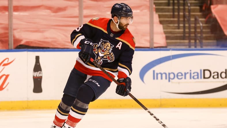 Apr 3, 2021; Sunrise, Florida, USA; Florida Panthers defenseman Keith Yandle (3) skates with the puck against the Columbus Blue Jackets during the first period at BB&T Center. Mandatory Credit: Sam Navarro-USA TODAY Sports