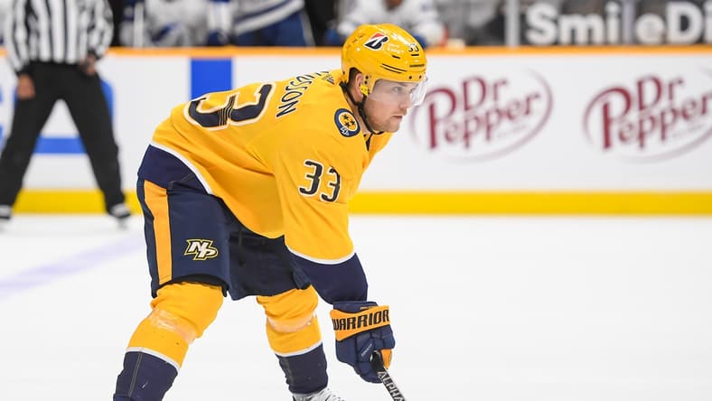 Apr 13, 2021; Nashville, Tennessee, USA; Nashville Predators right wing Viktor Arvidsson (33) awaits the face off against the Tampa Bay Lightning during the first period at Bridgestone Arena. Mandatory Credit: Steve Roberts-USA TODAY Sports