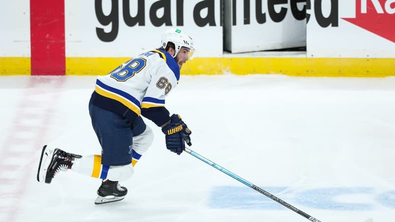 Apr 28, 2021; Saint Paul, Minnesota, USA; St. Louis Blues left wing Mike Hoffman (68) skates with the puck against the Minnesota Wild in the third period at Xcel Energy Center. Mandatory Credit: David Berding-USA TODAY Sports
