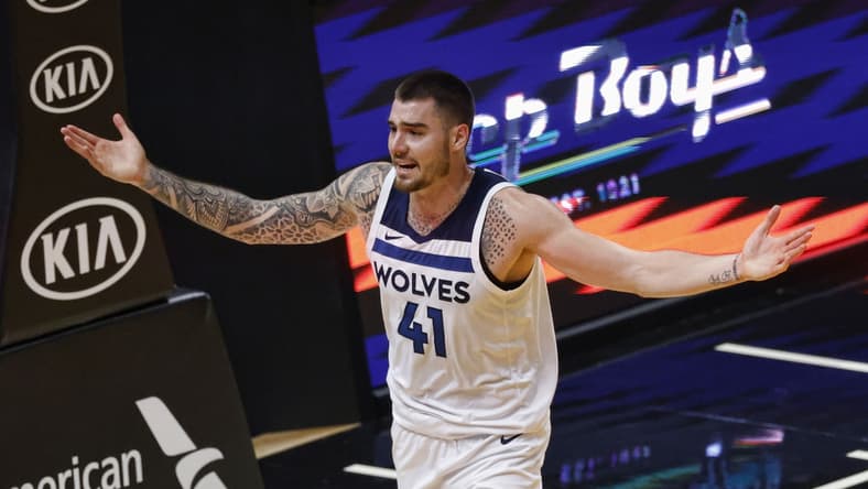 May 7, 2021; Miami, Florida, USA; Minnesota Timberwolves forward Juancho Hernangomez (41) reacts after being called for a foul during the second half against the Miami Heat at American Airlines Arena. Mandatory Credit: Rhona Wise-USA TODAY Sports