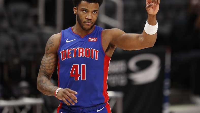 May 9, 2021; Detroit, Michigan, USA; Detroit Pistons forward Saddiq Bey (41) puts one finger up during the second quarter against the Chicago Bulls at Little Caesars Arena. Mandatory Credit: Raj Mehta-USA TODAY Sports