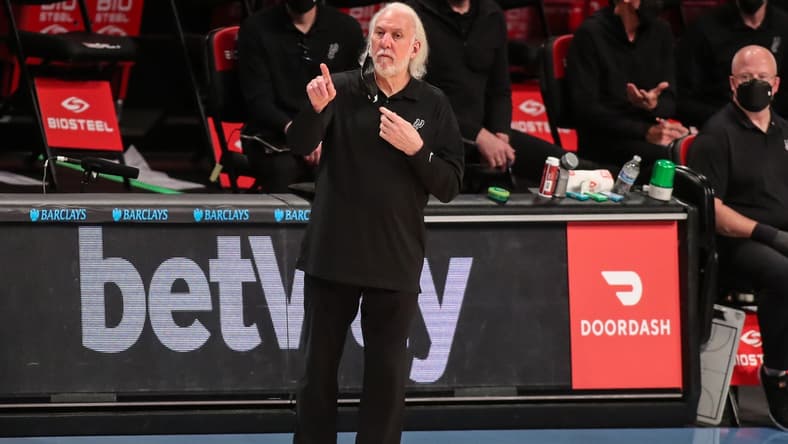 May 12, 2021; Brooklyn, New York, USA;  San Antonio Spurs head coach Gregg Popovich at Barclays Center. Mandatory Credit: Wendell Cruz-USA TODAY Sports