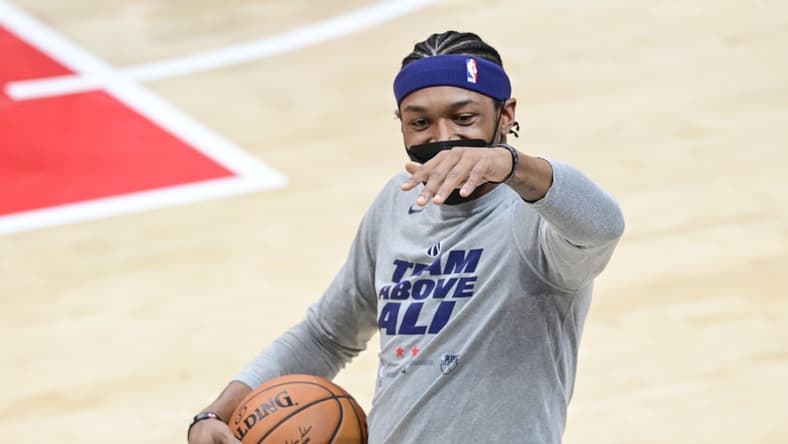 May 31, 2021; Washington, District of Columbia, USA;Washington Wizards guard Bradley Beal (3) warms up on the court before game four in the first round of the 2021 NBA Playoffs A| . at Capital One Arena. Mandatory Credit: Tommy Gilligan-USA TODAY Sports
