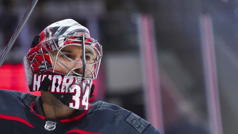Jun 1, 2021; Raleigh, North Carolina, USA; Carolina Hurricanes goaltender Petr Mrazek (34) looks on before the game against the Tampa Bay Lightning in game two of the second round of the 2021 Stanley Cup Playoffs at PNC Arena. Mandatory Credit: James Guillory-USA TODAY Sports