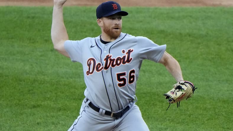 Jun 4, 2021; Chicago, Illinois, USA; Detroit Tigers starting pitcher Spencer Turnbull (56) throws a pitch against the Chicago White Sox during the first inning at Guaranteed Rate Field. Mandatory Credit: Mike Dinovo-USA TODAY Sports