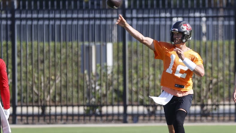 Jun 9, 2021; Tampa, FL, USA; Tampa Bay Buccaneers quarterback Tom Brady (12) at AdventHealth Training Center. Mandatory Credit: Kim Klement-USA TODAY Sports