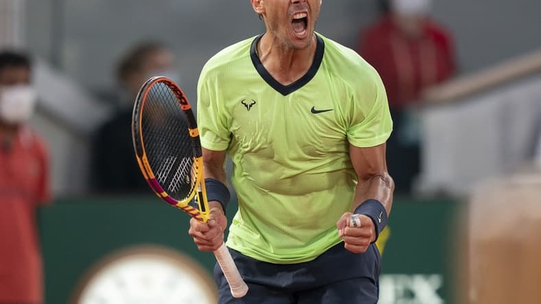 Jun 11, 2021; Paris, France; Rafael Nadal (ESP) reacts during his semifinal match against Novak Djokovic (SRB) on day 13 of the French Open at Stade Roland Garros. Mandatory Credit: Susan Mullane-USA TODAY Sports