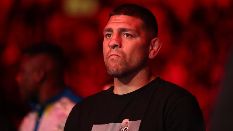 Jun 12, 2021; Glendale, Arizona, USA; Nick Diaz brother of Nate Diaz in attendance during UFC 263 at Gila River Arena. Mandatory Credit: Mark J. Rebilas-USA TODAY Sports