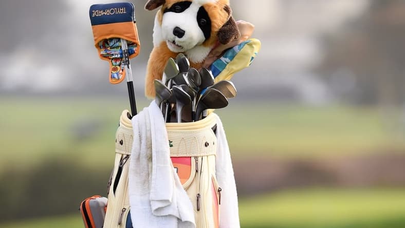 Jun 15, 2021; San Diego, California, USA; A detailed view of the bag of Rory McIlroy during a practice round of the U.S. Open golf tournament at Torrey Pines. Mandatory Credit: Orlando Ramirez-USA TODAY Sports