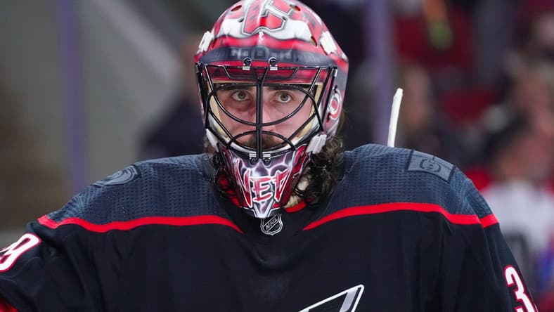 Jun 1, 2021; Raleigh, North Carolina, USA; Carolina Hurricanes goaltender Alex Nedeljkovic (39) looks on against the Tampa Bay Lightning in game two of the second round of the 2021 Stanley Cup Playoffs at PNC Arena. Mandatory Credit: James Guillory-USA TODAY Sports