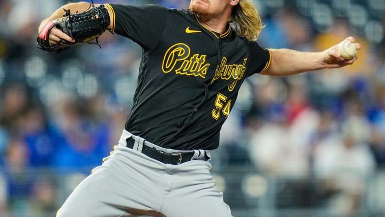 Jun 1, 2021; Kansas City, Missouri, USA; Pittsburgh Pirates relief pitcher Sam Howard (54) pitches against the Kansas City Royals during in the eighth inning at Kauffman Stadium. Mandatory Credit: Jay Biggerstaff-USA TODAY Sports