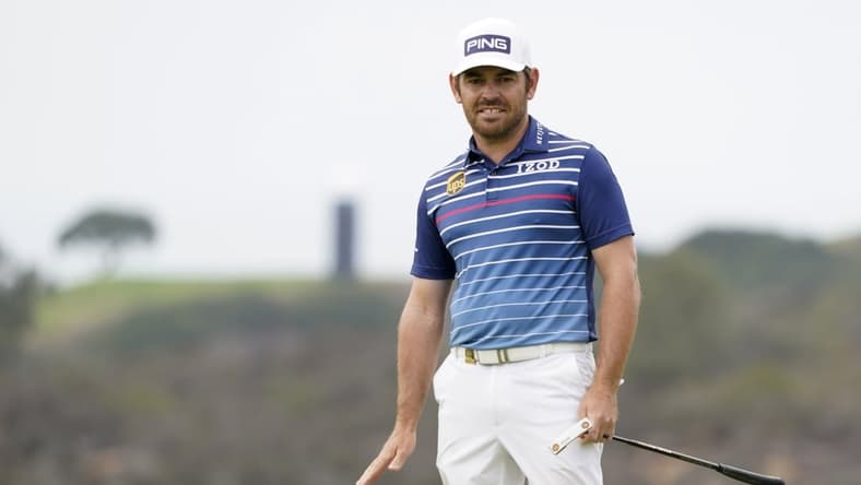 Jun 20, 2021; San Diego, California, USA; Louis Oosthuizen reacts to his putt on the 13th green during the final round of the U.S. Open golf tournament at Torrey Pines Golf Course. Mandatory Credit: Michael Madrid-USA TODAY Sports