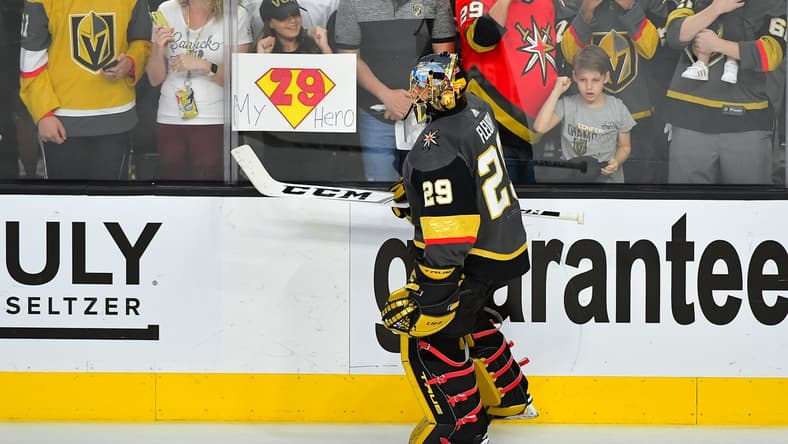Jun 22, 2021; Las Vegas, Nevada, USA;Vegas Golden Knights goaltender Marc-Andre Fleury (29) skates past fans during pre-game warmups before the start of game five of the 2021 Stanley Cup Semifinals against the Montreal Canadiens at T-Mobile Arena. Mandatory Credit: Stephen R. Sylvanie-USA TODAY Sports