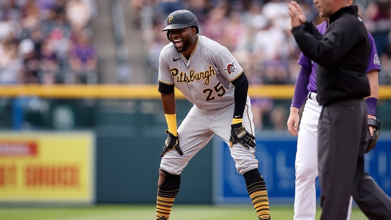 Jun 28, 2021; Denver, Colorado, USA; Pittsburgh Pirates right fielder Gregory Polanco (25) reacts after stealing second base in the fifth inning against the Colorado Rockies at Coors Field. Mandatory Credit: Isaiah J. Downing-USA TODAY Sports