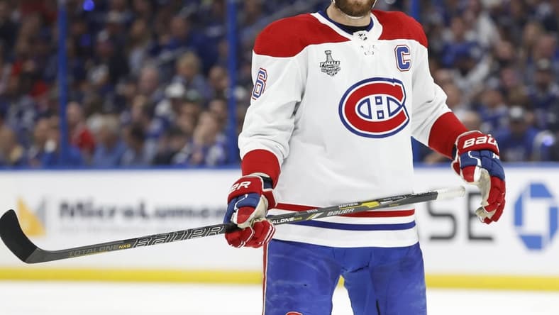 Jun 30, 2021; Tampa, Florida, USA; Montreal Canadiens defenseman Shea Weber (6) waits for a face off against the Tampa Bay Lightning during the first period in game two of the 2021 Stanley Cup Final at Amalie Arena. Mandatory Credit: Kim Klement-USA TODAY Sports
