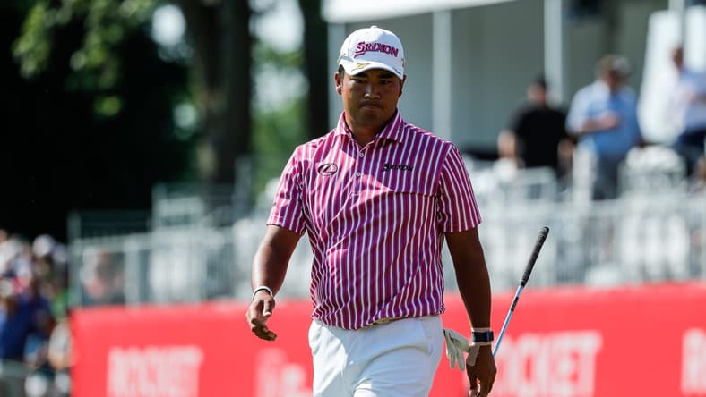 Hideki Matsuyama reacts after putting the 17th during the first round of Rocket Mortgage Classic at the Detroit Golf Club in Detroit, Thursday, July 1, 2021.