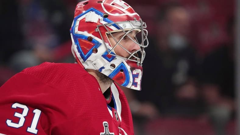 Jul 2, 2021; Montreal, Quebec, CAN; Montreal Canadiens goalie Carey Price (31) during the second period in game three of the 2021 Stanley Cup Final against the Tampa Bay Lightning at the Bell Centre. Mandatory Credit: Eric Bolte-USA TODAY Sports