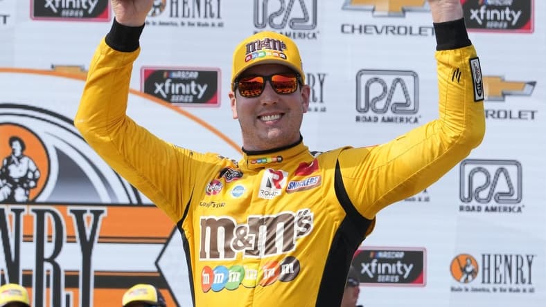 Jul 3, 2021; Elkhart Lake, WI, USA; Xfinity Series driver Kyle Busch (54) reacts after winning the Henry 180 at Road America. Mandatory Credit: Mike Dinovo-USA TODAY Sports