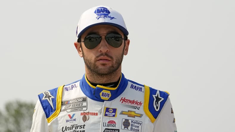 Jul 4, 2021; Elkhart Lake, Wisconsin, USA; NASCAR Cup Series driver Chase Elliott (9) before the Jockey Made in America 250 Presented by Kwik Trip at Road America. Mandatory Credit: Mike Dinovo-USA TODAY Sports