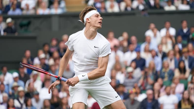 Jul 9, 2021; London, United Kingdom; Denis Shapovalov (CAN) seen playing against Novak Djokovic (SRB) in the men s semi final match at All England Lawn Tennis and Croquet Club. Mandatory Credit: Peter van den Berg-USA TODAY Sports