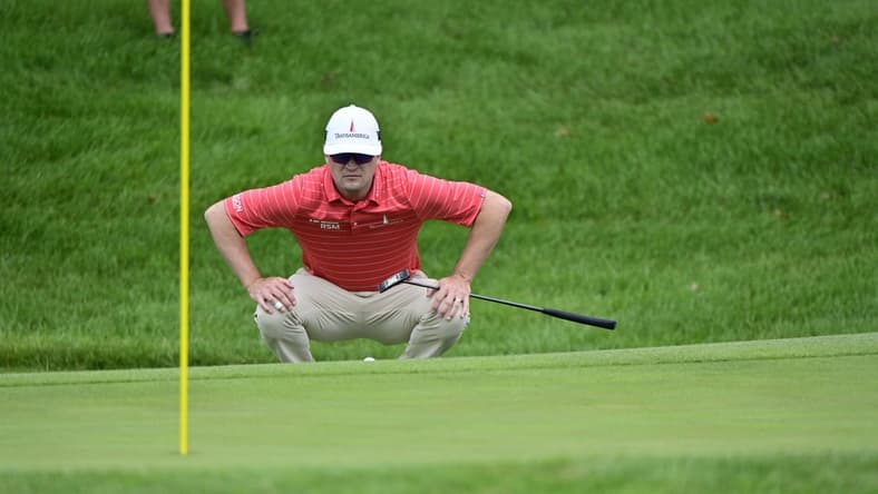 Jul 9, 2021; Silvis, Illinois, USA; Zach Johnson lines up a shot on the 17th hole during the second round of the John Deere Classic golf tournament. Mandatory Credit: Marc Lebryk-USA TODAY Sports