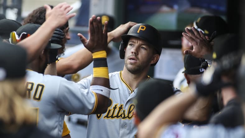 Jul 10, 2021; New York City, New York, USA;  Pittsburgh Pirates pitcher Tyler Anderson (31) is congratulated in the dugout after hitting a home run in the fifth inning against the New York Mets at Citi Field. Mandatory Credit: Wendell Cruz-USA TODAY Sports