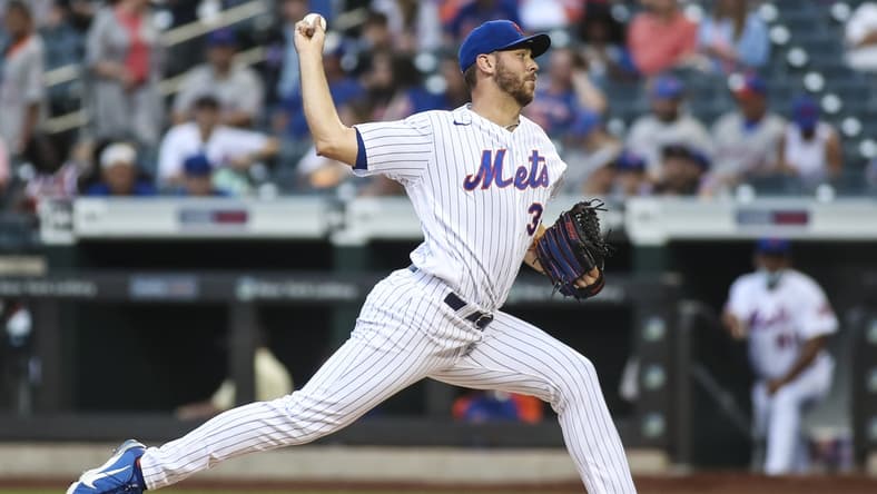 Jul 10, 2021; New York City, New York, USA;  New York Mets pitcher Tylor Megill (38) pitches against the Pittsburgh Pirates in the first inning at Citi Field. Mandatory Credit: Wendell Cruz-USA TODAY Sports