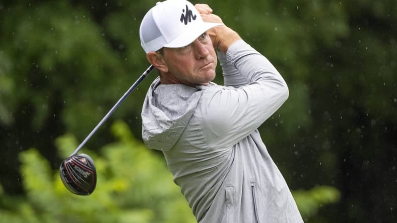 Jul 11, 2021; Silvis, Illinois, USA; Lucas Glover tees off on the second hole during the final round of the John Deere Classic golf tournament. Mandatory Credit: Marc Lebryk-USA TODAY Sports