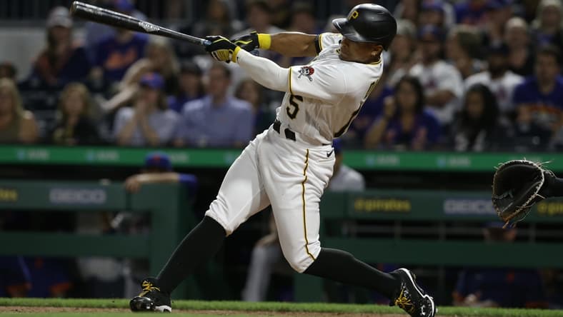 Jul 17, 2021; Pittsburgh, Pennsylvania, USA;  Pittsburgh Pirates pinch hitter Wilmer Difo (15) hits a three run pinch hit home run against the New York Mets during the eighth inning at PNC Park. Mandatory Credit: Charles LeClaire-USA TODAY Sports