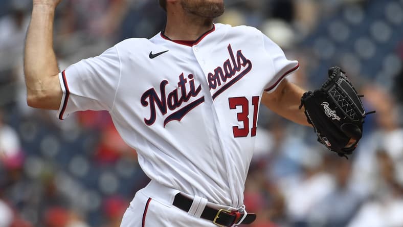 Jul 18, 2021; Washington, District of Columbia, USA; Washington Nationals starting pitcher Max Scherzer (31) throws to the San Diego Padres during the first inning at Nationals Park. Mandatory Credit: Brad Mills-USA TODAY Sports
